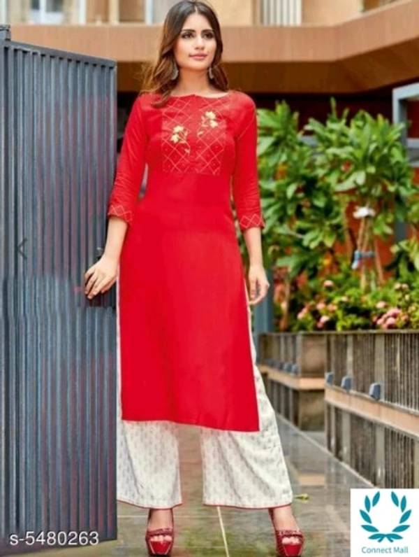 Women's Embroidered Rayon Kurta set with Pants - M, Red, Rayon, Kurta With Palazzo, Multipack of :1